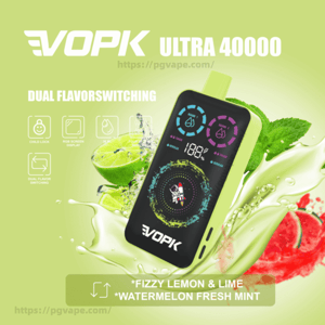 Bright lime-green ad for the EVOPK Ultra 40000 showing a black-and-green vape device with a colorful circular RGB screen, labeled 'Dual Flavor Switching' and surrounded by splashes of lemon, lime, mint and watermelon with flavor text 'Fizzy Lemon & Lime' and 'Watermelon Fresh Mint'.