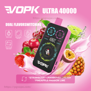 Promotional pink ad for the VOPK Ultra 40000 vape featuring a black-and-pink device with an RGB display and rocket motif, surrounded by strawberries, cranberries, cherries, pineapple, passionfruit and lime splashes and icons noting dual-flavor switching, child lock and 36 mL capacity.