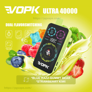 Bright lime advertisement for the VOPK Ultra 40000 vape showing a black-and-lime device with an RGB display amid splashes of yellow-green liquid and fruit (blueberries, raspberries, strawberries, kiwi) promoting dual-flavor switching with Blue Razz Gummy Bear and Strawberry Kiwi flavors