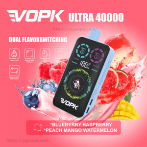 Black-and-blue VOPK Ultra 40000 vape device with a colorful RGB display centered on a pink background, surrounded by splashing blueberries, raspberries, peach, mango and watermelon and labeled 'Dual Flavor Switching' with flavor options listed below.