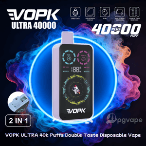 VOPK Ultra 40000 engångsvape visas framifrån med en hög RGB-pekskärm som visar indikatorer med dubbla smaker och en cirkulär grafik, centrerad inuti en glödande blå ring och flerfärgad ånga, med '40 000+ puff', '2 i 1'-etikett, funktionsikoner och varumärke runt den.