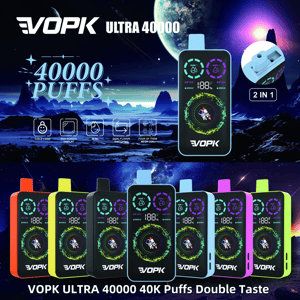 VOPK Ultra 40000 advertisement showing a row of colorful rectangular vape devices with glowing circular digital displays and varied mouthpiece colors, bold '40000 PUFFS' and 'VOPK ULTRA 40000' text over a sci‑fi space landscape background and a 2‑in‑1 mouthpiece close‑up.