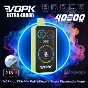Colorful advertisement showing a lime-green VOPK Ultra 40000 disposable vape with an illuminated RGB screen and branding reading '40,000 plus puff', set against blue and pink smoke and a glowing circular halo.