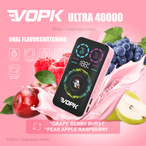 A pink VOPK Ultra 40000 vape device with a colorful RGB screen floating amid splashes of pink liquid and fruit (grapes, berries, pear, apple, raspberry), surrounded by icons and text highlighting dual flavor switching, child lock, 36 mL capacity and the flavors “Grape Berry Burst” and “Pear Apple Raspberry”.