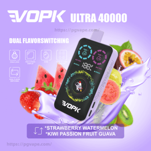 Advertising image for the VOPK Ultra 40000 vape device on a purple background, showing a black rectangular device with a colorful RGB display and dual-flavor icons, surrounded by splashing purple liquid and fruits—strawberries, watermelon, kiwi, passion fruit and guava—with text highlighting dual flavor switching and the flavor combinations Strawberry Watermelon and Kiwi Passion Fruit Guava