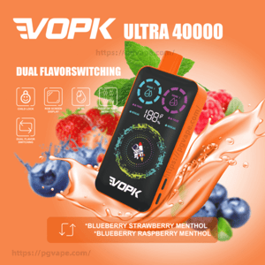 Orange VOPK Ultra 40000 vape device with a colorful screen floating amid splashes of orange liquid, blueberries, strawberries and mint leaves, advertising dual-flavor switching and listing blueberry-strawberry menthol and blueberry-raspberry menthol combinations.