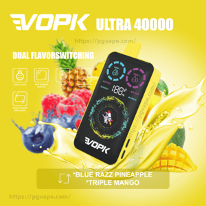 Bright yellow advertisement for the VOPK Ultra 40000 vape showing a tilted black-and-yellow device with a colorful RGB-style screen and icons, surrounded by splashes of pineapple, mango, raspberries and blueberries and labeled with dual flavor switching and flavors Blue Razz Pineapple and Triple Mango