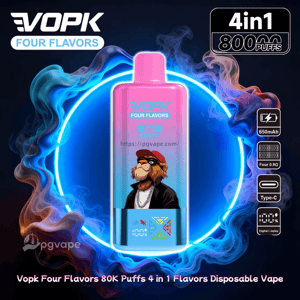 Rosa-till-blå gradient VOPK engångsvape-enhet med en tecknad skäggapa i solglasögon på kroppen, centrerad inuti en glödande neonring och virvlande rök, märkta FYRA SMAKER och 4-i-1 800 puffar med ikoner för 650mAh batteri, fyra 0,9Ω-spolar och typ-C-laddning.