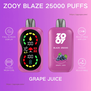 Two pink ZOOY Blaze 25000 disposable vape devices shown front and back on a purple gradient background; the front features a full‑screen colorful digital display and icons, the back shows the ZOOY logo, “Blaze 25000,” an illustration of grapes labeled “Grape Juice,” and small icons noting features like adjustable airflow, double mesh coil, and power adjustment.