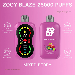 Two pink Zooy Blaze 25000 disposable vape devices on a pink background: the left unit shows a circular multicolored digital display with icons, the right unit shows the Zooy logo, a mixed-berry image and 'Blaze 25000' text, with surrounding icons and labels noting full-screen display, double mesh coil, adjustable airflow and power adjustment and 'Mixed Berry' flavor text at the bottom.