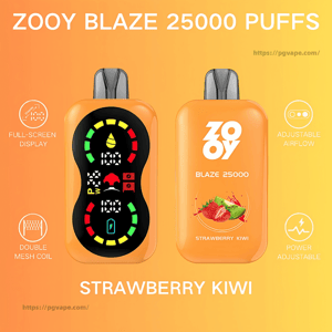 Two orange Zooy Blaze 25000 disposable vape devices on an orange gradient background — the left unit shows a colorful full-screen status display, the right unit bears the ZOOY logo and a strawberry‑kiwi illustration; surrounding text and icons advertise 25,000 puffs, full‑screen display, double mesh coil, adjustable airflow and power adjustment.