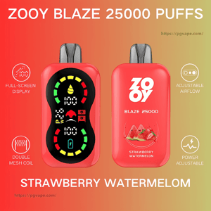 Two red ZOOY Blaze 25000 disposable vape devices on a red-to-green gradient background — the front view shows a circular full-screen display with battery and power icons and the back view shows the ZOOY logo, 'Blaze 25000' label and a strawberry–watermelon flavor image, with small icons around noting full-screen display, double mesh coil, adjustable airflow and power adjustment and a '25000 puffs' headline.