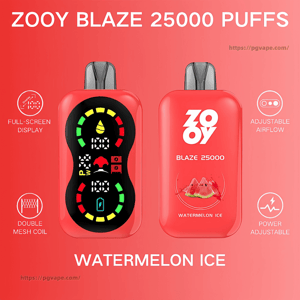 Two red Zooy Blaze 25000 disposable vape devices on a red background — one showing a colorful full-screen display with icons and battery indicator and the other showing the Zooy logo, 'Blaze 25000' label and a watermelon ice graphic, with surrounding small icons highlighting full-screen display, adjustable airflow, double mesh coil and adjustable power.