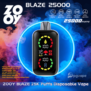 Framåtvänd glänsande svart ZOOY Blaze 25000 engångsvape med en färgglad cirkulär LED-display centrerad mot snurrande blå och orange rök och omgivande ikoner och textreklamfunktioner som Type-C-laddning, dubbel mesh-spole och 25 000 puffar.
