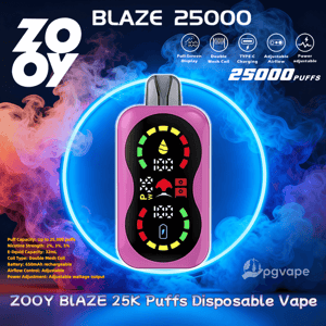 Pink ZOOY Blaze 25000 disposable vape device centered inside a glowing blue ring, showing a full-color front display with battery, airflow and puff indicators, set against blue and orange smoke with brand logos and text noting 25,000 puffs and product features.