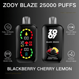 Two glossy black ZOOY BLAZE 25000 disposable vapes shown front and back on a dark background, the front with colorful full‑screen status indicators and icons, the back displaying the ZOOY logo, blackberry‑cherry‑lemon flavor artwork and small icons for adjustable airflow, double mesh coil and power adjustment.