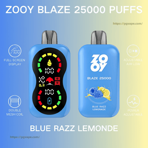 Front and back views of a blue ZOOY BLAZE 25000 disposable vape on a blue-to-yellow gradient, showing a colorful full-screen status display on the front and branding with a blue-raspberry lemonade illustration on the back, with icons indicating full-screen display, double mesh coil, adjustable airflow and power adjustment.