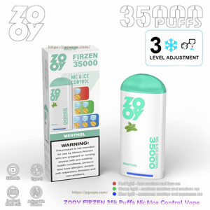 Biało-miętowo-zielony jednorazowy waporyzator Zooy Firzen 35000 obok pudełka oznaczonego Mentol, pokazujący 35 000 zaciągnięć, trzystopniową regulację zapobiegającą zamarzaniu z kolorowymi lampkami kontrolnymi, etykietę ostrzegawczą i małe ikony informujące o akumulatorze 550 mAh, ładowaniu typu C, podwójnych cewkach siatkowych i regulowanym przepływie powietrza.
