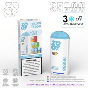 Pudełko detaliczne i pasujący biało-niebieski jednorazowy waporyzator z etykietą ZOOY FIRZEN 35000 o smaku 'Jagodowa lemoniada malinowa', widoczne 35 000 zaciągnięć i 3-poziomowe ikony regulacji lodu/nikotyny, małe ikony funkcji (typ C, 550 mAh, podwójna cewka siatkowa, regulowany przepływ powietrza) i widoczny panel ostrzegawczy na opakowaniu.