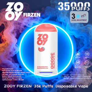 Biało-różowy jednorazowy waporyzator ZOOY Firzen pośrodku niebiesko-fioletowego dymnego tła z neonowym pierścieniem, logo ZOOY, ikoną truskawkowo-arbuzową i dużą etykietą o pojemności 35 000 zaciągnięć, z małymi ikonami i tekstem informującym o 3-stopniowej regulacji chłodzenia, ładowaniu 550 mAh typu C, podwójnych cewkach siatkowych i regulowanym przepływie powietrza.