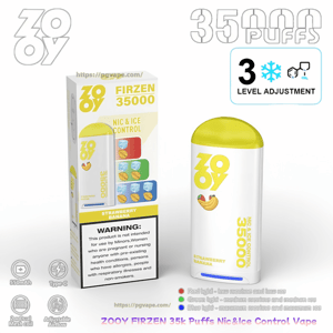 Biało-żółty jednorazowy waporyzator ZOOY Firzen 35000 obok pudełka, z logo '35000 zaciągnięć', grafiką o smaku truskawkowo-bananowym, tekstem 'Nic & Ice Control', ikoną płatka śniegu z trzystopniową regulacją lodu, etykietą ostrzegawczą na pudełku i małymi ikonami informującymi o pojemności 550 mAh, ładowaniu typu C, podwójnych cewkach siatkowych i regulowanym przepływie powietrza.
