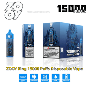 Blue-themed product image of a ZOOY King disposable vape (Blue Razz Ice) showing the device, single-pack box and a 10-piece retail box featuring a snarling blue character illustration, prominent 