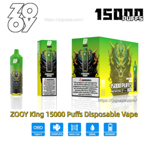 Product shot of ZOOY King 15000 Puffs disposable vape and packaging in green and yellow tones, showing a green bottle, matching box with a horned dragon skull illustration and large '15000 PUFFS' text, plus icons indicating Type‑C charging, 15000 puffs, mesh coil, 26ml e‑liquid and 650mAh battery.