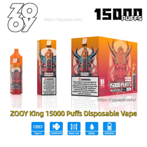Orange-to-red ZOOY King disposable vape display showing a single 15000-puff device, a retail sleeve and a 10-piece box decorated with stylized demon/dragon mask artwork, labeled Peach Mango Watermelon and 15000 PUFFS, with icons for Type-C, mesh coil, 26ML and 650mAh.