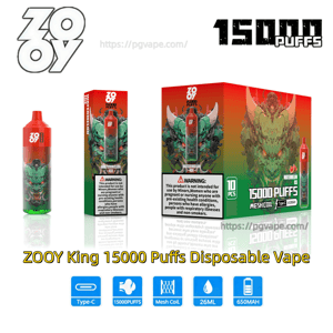 Product image showing a red-and-green ZOOY King disposable vape with dragon artwork displayed beside its single-unit and 10-pack retail boxes labeled 15,000 puffs, with icons below indicating Type-C charging, 15,000 puffs, mesh coil, 26ml e-liquid and 650mAh battery.