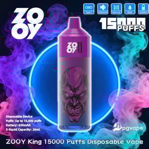 Advertising image for ZOOY King disposable vape showing a tall purple device with a menacing face graphic centered against a blue neon ring and swirling purple, teal, and pink vapor, with icons and text noting 15,000 puffs, Type‑C charging, mesh coil, 26 mL e‑liquid capacity and 650 mAh battery.