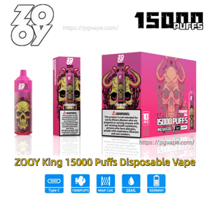 Bright pink ZOOY King 15000 Puffs disposable vape bottle and matching product boxes featuring a stylized horned skull illustration, prominent 