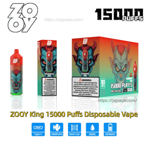 ZOOY King disposable vape product display showing a red-to-green gradient cylindrical device and two matching boxes featuring a blue horned demon illustration, prominent 