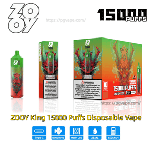 Packaging and product display for ZOOY King disposable vape featuring a green-to-orange demonic-mask design, labeled 15000 PUFFS and Strawberry Watermelon, showing a cylindrical vape device, retail boxes with warning text, and icons for Type-C charging, mesh coil, 26 mL and 650 mAh.