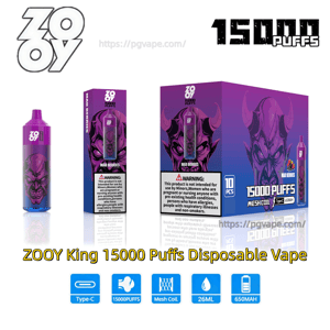 Product display of Zooy King “Mad Berries” 15,000-puff disposable vape in purple demon-themed artwork, showing the device, single retail box and larger multipack box with a visible warning label and icons for Type-C charging, 15,000 puffs, mesh coil, 26 ml e-liquid and 650 mAh battery.