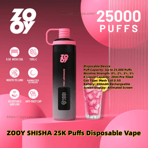 Pink promotional poster showing a tall black-to-pink ZOOY disposable vape labeled 