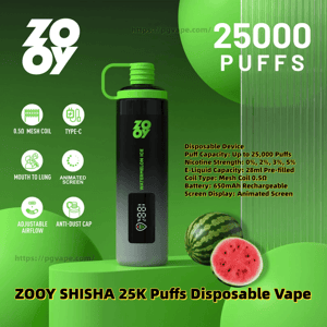 Promotional poster showing a green-and-black ZOOY Shisha disposable vape labeled Watermelon Ice with a green cap and animated screen, accompanied by icons and specs highlighting 25,000 puffs, 0.5Ω mesh coil, Type-C charging, adjustable airflow and 28ml e-liquid capacity, set against a green background with a watermelon image and bold 25000 PUFFS headline.