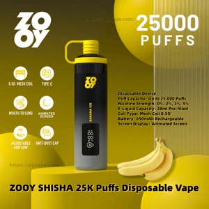 Advertisement featuring a black-and-yellow ZOOY Shisha disposable vape labeled Banana Ice with a small animated screen, icons for 0.5Ω mesh coil, Type‑C charging, mouth-to-lung use, adjustable airflow and anti-dust cap, a large 