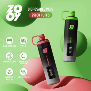 Two black Zooy disposable vape devices with a pink and a green cap floating against a lime-green background with soft spheres, accompanied by the text “Disposable Vape 25000 Puffs” and icons listing features like 0.5Ω mesh coil, Type‑C, mouth‑to‑lung, animated screen, adjustable airflow, and anti‑dust cap.