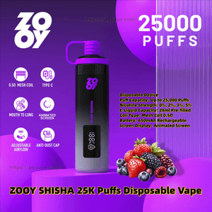 Purple promotional poster for the ZOOY Shisha 25K disposable vape showing a tall purple-black device with an animated screen and looped mouthpiece, large “25000 PUFFS” text, icons for 0.5Ω mesh coil, Type‑C, mouth‑to‑lung, animated screen, adjustable airflow and anti‑dust cap, a specs block listing 25,000 puffs, 28ml prefilled e‑liquid, nicotine options and a 650mAh rechargeable battery, and a cluster of mixed berries at the bottom right.