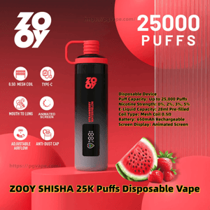 A tall black-and-red ZOOY Shisha disposable vape with a small animated screen centered on a red background, '25000 PUFFS' in large white type at the top right, feature icons down the left, product specs text on the right, and watermelon and strawberries pictured at the bottom right.