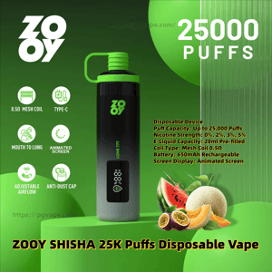 Green-and-black Zooy Shisha disposable vape with a looped cap and animated screen shown against a green background reading “25,000 Puffs,” accompanied by icons for 0.5Ω mesh coil, Type‑C charging, mouth‑to‑lung, adjustable airflow and anti‑dust cap, a block of product specs, and fruit images (watermelon, cantaloupe, passionfruit) suggesting flavors.