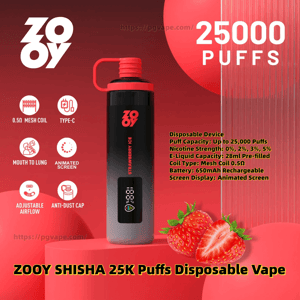 Promotional image of a black-and-red ZOOY Shisha disposable vape with an animated screen, large 