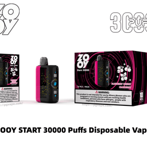 El dispositivo de vapeo desechable ZOOY Stars 30000, negro y rosa, se muestra con su caja única y un paquete más grande de 10, ambos con gráficos circulares en forma de remolino rosa, texto de sabor Blueberry Cherry Cranberry, etiquetas de advertencia visibles y logotipos de la marca.
