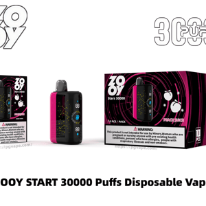 Exhibición del producto que muestra un dispositivo de vapeo desechable ZOOY START de color rosa y negro con dos cajas a juego etiquetadas como Stars 30000 y Peach Juice, logotipos estilizados de ZOOY y 30000 inhalaciones y una etiqueta de advertencia visible.