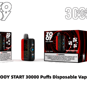 Dispositivo de vapeo desechable ZOOY Stars 30000, negro y rojo, con una pantalla digital que se muestra entre una caja de un solo paquete y una caja minorista más grande de 10 paquetes con la etiqueta Triple Berry Ice y 30000 inhalaciones, con logotipos de la marca y una advertencia de salud visible.