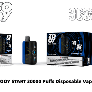 Vaporizador desechable ZOOY Start 30000 Puffs en sabor Blueberry Ice, que muestra un dispositivo negro y azul y cajas minoristas a juego con logotipos de la marca y etiquetas de advertencia prominentes sobre un fondo blanco.