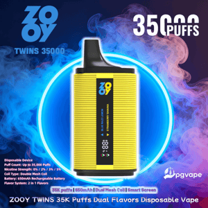 Vape jetable ZOOY Twins nervurée jaune avec un embout noir centré dans un cercle bleu brillant contre une vapeur tourbillonnante bleue et violette, entouré de texte et de logos annonçant 35 000 bouffées, deux saveurs, une batterie de 650 mAh et d'autres spécifications du produit.