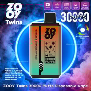 Promotional image of a ZOOY Twins disposable vape showing a black‑topped device with an orange‑to‑green gradient body labeled REB BULL & STRAWBERRY KIWI and DUAL FLAVORS 30000 PUFFS, set against a smoky blue‑purple background with a glowing ring and icons highlighting 650mAh battery, Type‑C charging, 35mL capacity and double mesh coil.