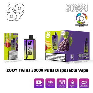 ZOOY Twins disposable vape product image showing a purple-to-green gradient device and two retail boxes labeled 30000 PUFFS with grape, strawberry and banana flavor images, brand logo, rotating cigarette-holder icon, and feature icons for 650mAh, Type-C, double mesh coil, 35ml volume and dual-flavor switching.