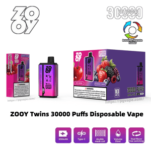 ZOOY Twins 30000 Puffs disposable vape product shot showing a pink‑purple single device and matching purple retail box labeled 